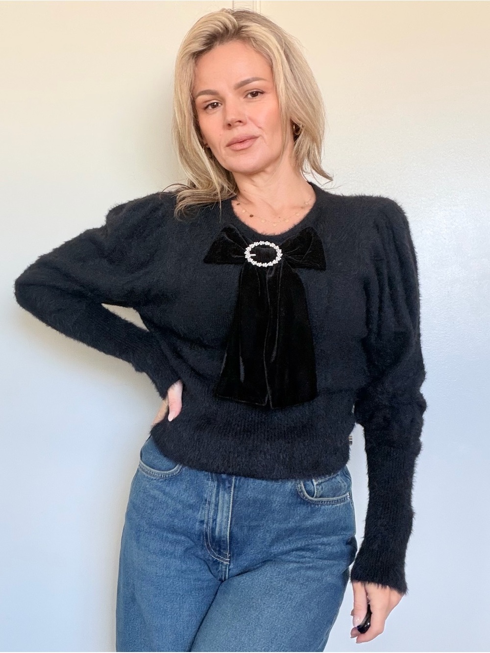 Zara Black Fuzzy Sweater with Velvet Bow & Rhinestone Ring